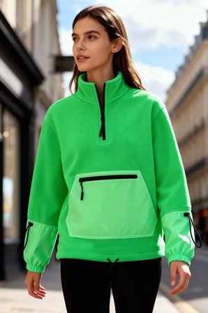 Neon Yeşil Etek Ucu Büzgülü Yarım Fermuarlı Oversize Kadın Polar Sweatshirt - 97238