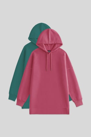 Oversize Kapüşonlu 2li Paket Yaban Gülü-Deniz Yeşili Kadın Tunik Sweatshirt - 97242