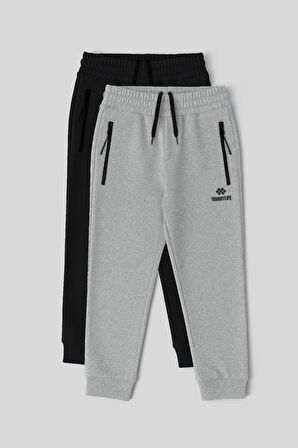 Standart Fit Basic 2li Paket Siyah-Gri Melanj Erkek Çocuk Eşofman Alt - 64042