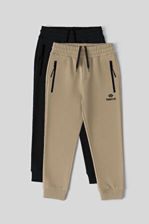 Standart Fit Basic 2li Paket Siyah-Koyu Bej Erkek Çocuk Eşofman Alt - 64042