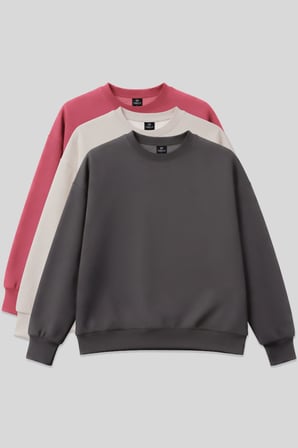 Basic Oversıze O Yaka 3lü Paket Koyu Gri-Bej- Yaban Gülü Kadın Sweatshirt - 97053