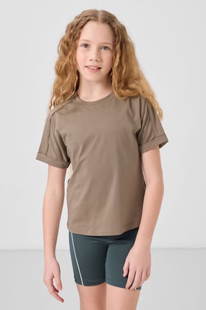 Oversize Fit O Yaka Basic 3lü Paket Beyaz-Koyu Bej-Açık Yeşil Kız Çocuk T-Shirt - 75182