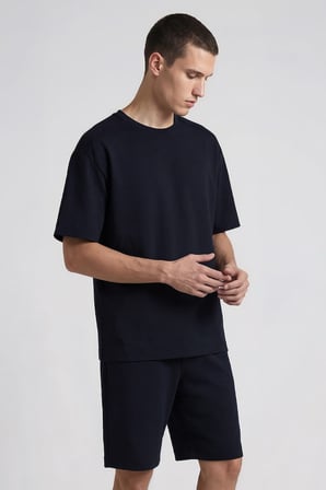 Lacivert Oversize Fit Basic Erkek Şort Takım - 85292