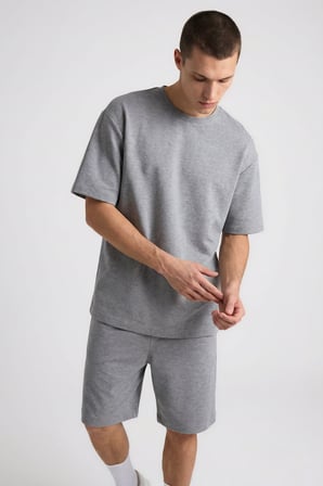 Gri Melanj Oversize Fit Basic Erkek Şort Takım - 85292