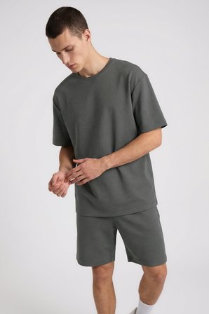 Haki Oversize Fit Basic Erkek Şort Takım - 85292
