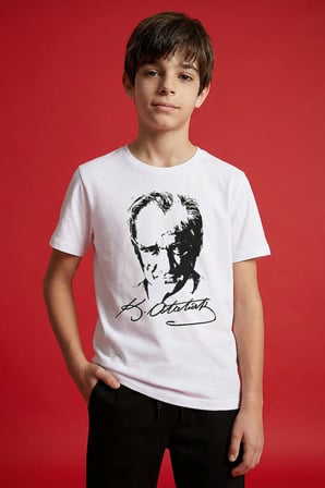 Beyaz Atatürk Baskılı Unisex Çocuk T-Shirt - 11332
