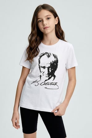 Beyaz Atatürk Baskılı Unisex Çocuk T-Shirt - 11332