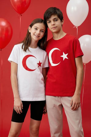 Beyaz Ay Yıldız Baskılı Unisex T-Shirt - 11333