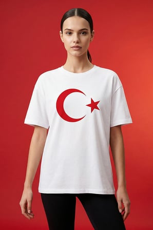 Beyaz Ay Yıldız Baskılı Unisex T-Shirt - 88509
