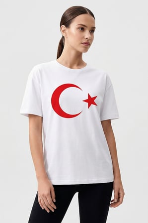 Beyaz Ay Yıldız Baskılı Unisex T-Shirt - 88509