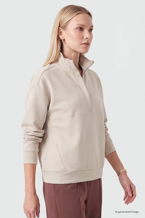 Bej Dik Yaka Fermuarlı Rahat Form Kadın Sweatshirt - 97314