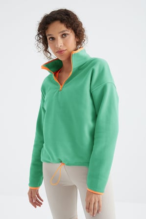 Su Yeşili Yarım Fermuar Etek Ucu Büzgülü Dik Yaka Standart Kalıp Kadın Polar Sweatshirt - 97234