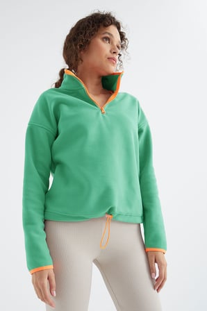 Su Yeşili Yarım Fermuar Etek Ucu Büzgülü Dik Yaka Standart Kalıp Kadın Polar Sweatshirt - 97234