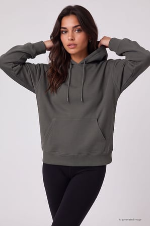 Haki Standart Kapüşonlu Kanguru Cepli Basic Kadın Sweatshirt - 97321