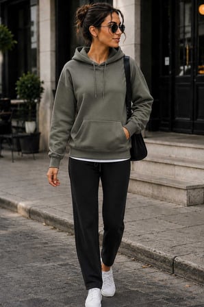 Haki Standart Kapüşonlu Kanguru Cepli Basic Kadın Sweatshirt - 97321