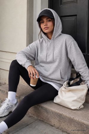 Gri Melanj Standart Kapüşonlu Kanguru Cepli Basic Kadın Sweatshirt - 97321
