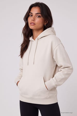 Ekru Standart Kapüşonlu Kanguru Cepli Basic Kadın Sweatshirt - 97321