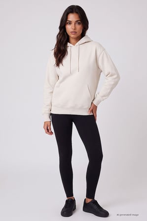 Ekru Standart Kapüşonlu Kanguru Cepli Basic Kadın Sweatshirt - 97321