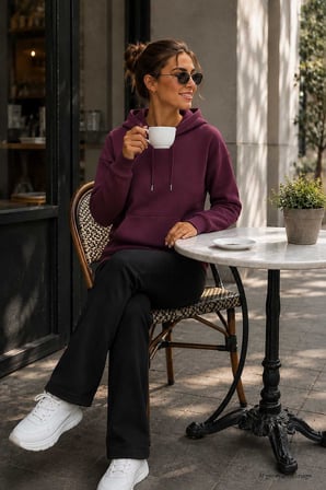 Soft Vişne Standart Kapüşonlu Kanguru Cepli Basic Kadın Sweatshirt - 97321