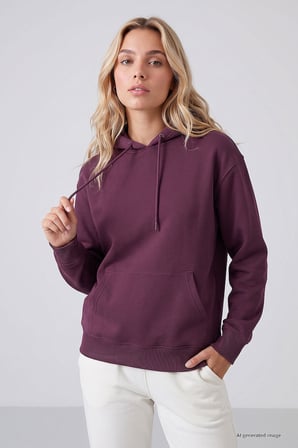 Soft Vişne Standart Kapüşonlu Kanguru Cepli Basic Kadın Sweatshirt - 97321