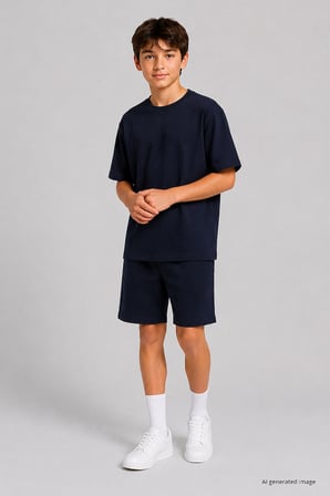 Lacivert Oversize Fit Basic Erkek Çocuk Şort Takım - 11335