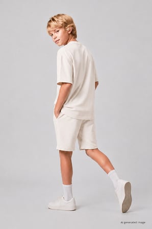 Ekru Oversize Fit Basic Erkek Çocuk Şort Takım - 11335
