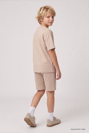 Bej Oversize Fit Basic Erkek Çocuk Şort Takım - 11335