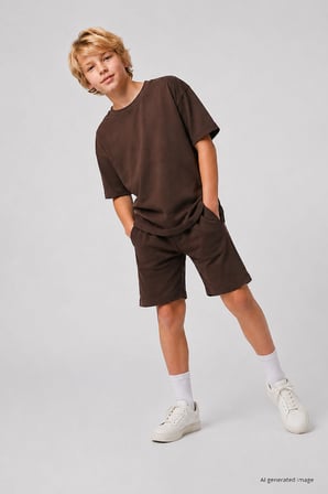 Kahverengi Oversize Fit Basic Erkek Çocuk Şort Takım - 11335