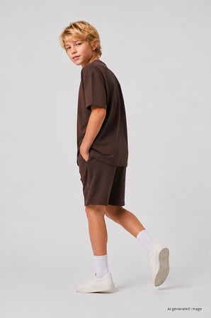 Kahverengi Oversize Fit Basic Erkek Çocuk Şort Takım - 11335