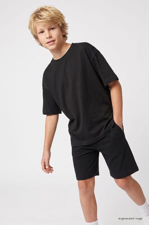 Siyah Oversize Fit Basic Erkek Çocuk Şort Takım - 11335