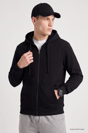 Siyah Standart Kalıp Basic Fermuarlı Erkek Sweatshirt - 88514