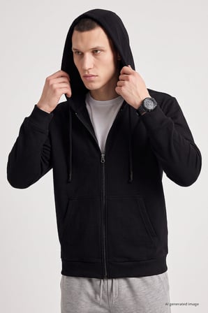 Siyah Standart Kalıp Basic Fermuarlı Erkek Sweatshirt - 88514