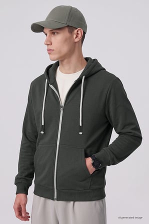 Haki Standart Kalıp Basic Fermuarlı Erkek Sweatshirt - 88514