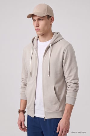 Bej Standart Kalıp Basic Fermuarlı Erkek Sweatshirt - 88514
