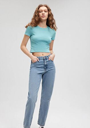 Bisiklet Yaka Mavi Basic Tişört 1600814-71463