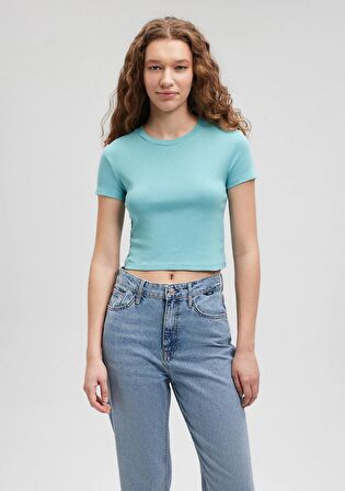 Bisiklet Yaka Mavi Basic Tişört 1600814-71463