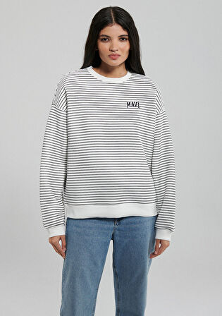 Mavi Logo Baskılı Çizgili Beyaz Sweatshirt 1S10100-85386