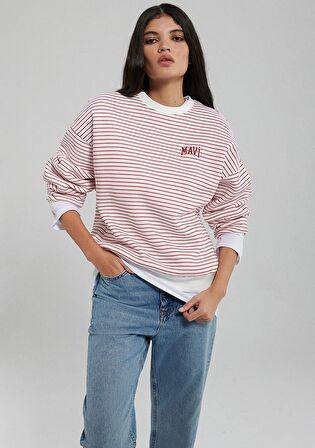 Mavi Logo Baskılı Kırmızı Çizgili Sweatshirt 1S10100-86680