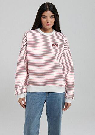 Mavi Logo Baskılı Kırmızı Çizgili Sweatshirt 1S10100-86680