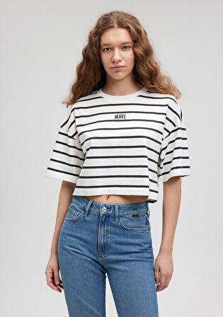 Mavi Logo Baskılı Siyah Çizgili Crop Tişört 1612227-86678
