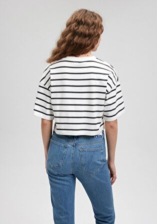 Mavi Logo Baskılı Siyah Çizgili Crop Tişört 1612227-86678