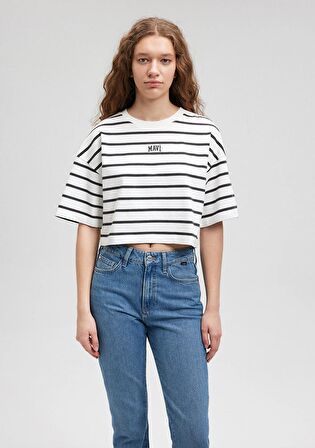 Mavi Logo Baskılı Siyah Çizgili Crop Tişört 1612227-86678