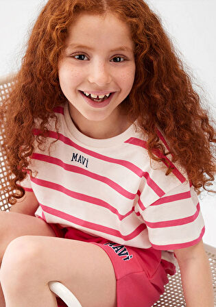 Mavi Logo Baskılı Pembe Çizgili Crop Tişört 7610182-71111