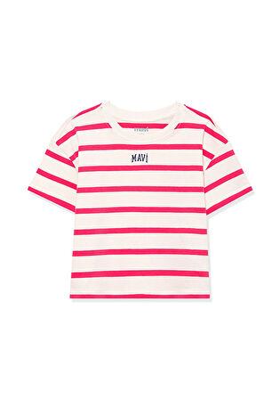 Mavi Logo Baskılı Pembe Çizgili Crop Tişört 7610182-71111
