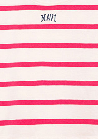 Mavi Logo Baskılı Pembe Çizgili Crop Tişört 7610182-71111