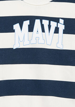 Mavi Logo Baskılı Lacivert Çizgili Sweatshirt 7S10042-81802