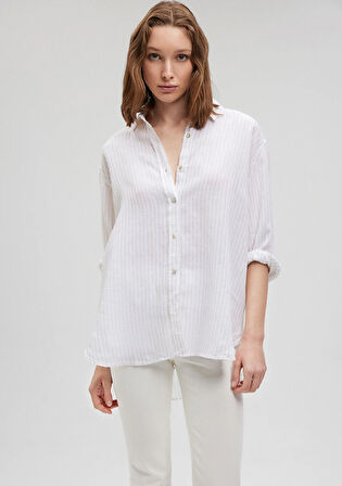 Çizgili Bej Keten Gömlek 1210748-86999