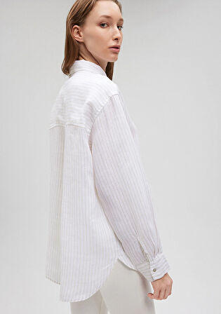 Çizgili Bej Keten Gömlek 1210748-86999