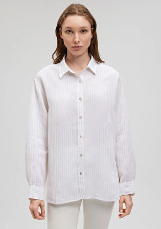 Çizgili Bej Keten Gömlek 1210748-86999