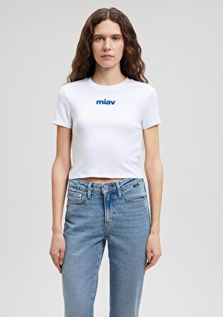 Mavi Miav Baskılı Beyaz Crop Tişört 1612453-620